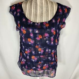 American Eagle Navy w/ Floral Print Tier Layered Cap Sleeve Top Size Medium